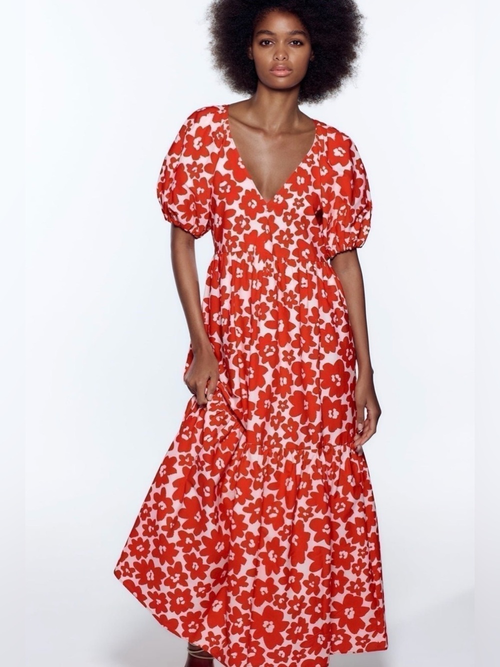 ZARA Poplin Tiered Puff Sleeve Maxi Dress